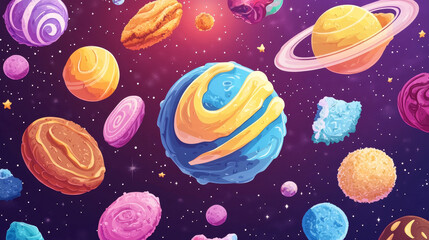 Cartoon set of candy planets isolated on background. Vector illustration of sweet chocolate, caramel, lollipop, cookie ball cakes decorated with glossy color icing. Fantasy candyland desing elements
