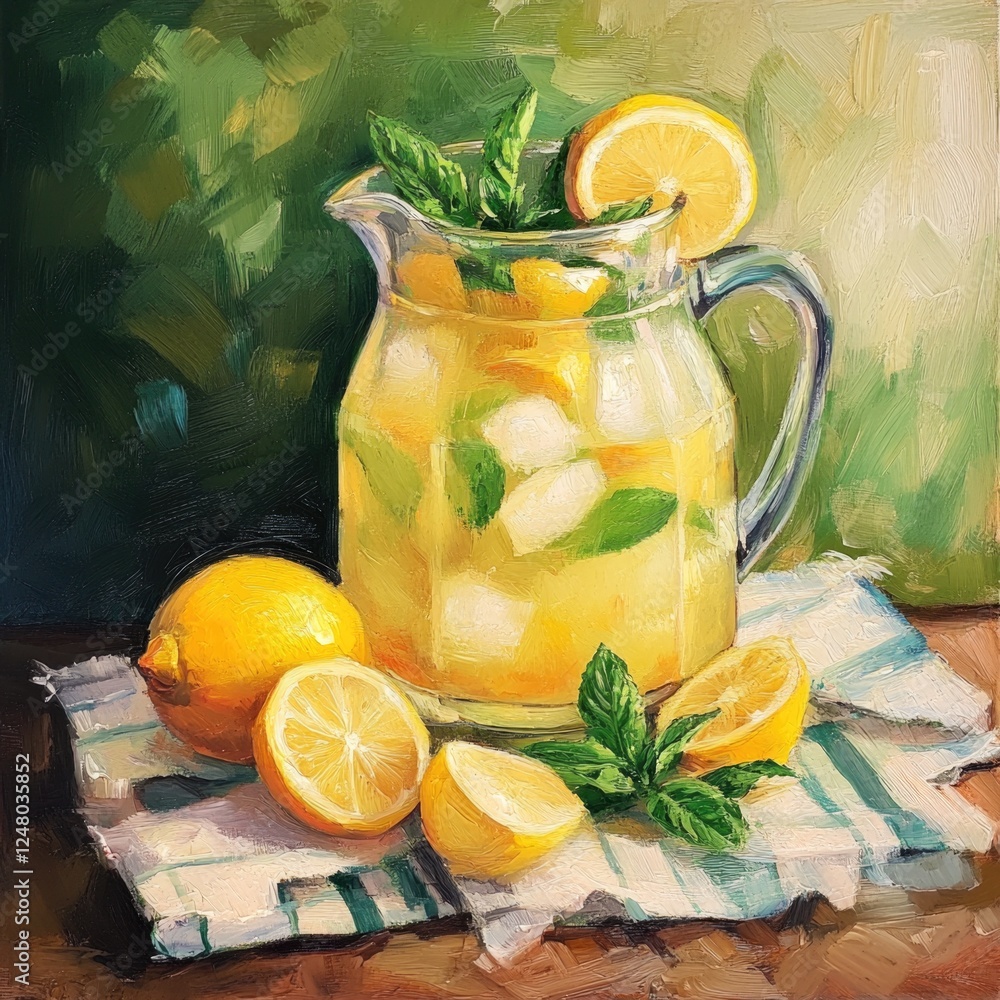 Poster a refreshing pitcher of lemonade on a table, perfect for summer gatherings or outdoor events