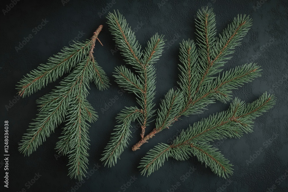 Poster a simple yet elegant arrangement of pine branches on a table, perfect for a rustic or natural-themed