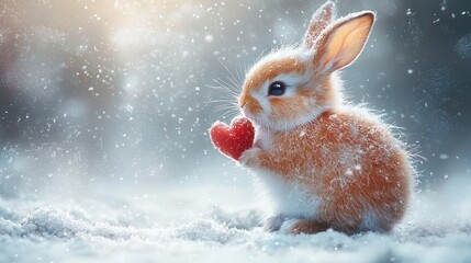 Cute rabbit holding a heart in snowy landscape.