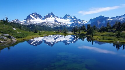 Fototapeta premium Serene mountain landscape reflecting in clear lake, majestic peaks with greenery, perfect for nature themes and tranquil moments.