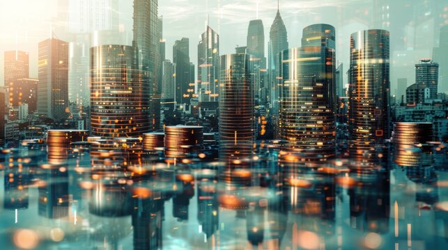 Modern city skyscraper buildings with double exposure of perspective view. Generated AI image