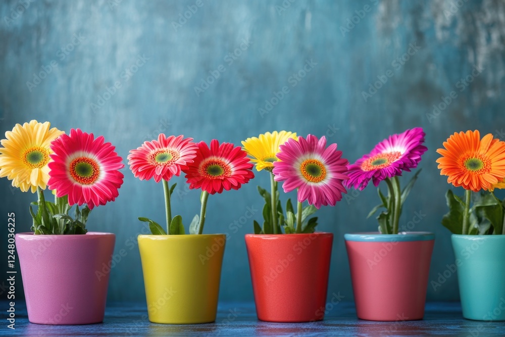 Poster vibrant flower pots arranged neatly on a table, ideal for decorating or as a background image