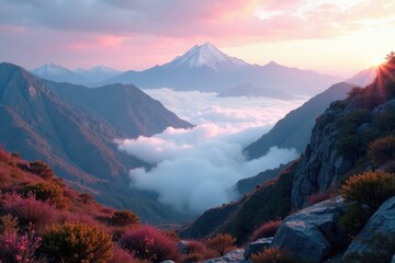 Gentle pink clouds caress Alishan's rugged terrain, hongshang, clouds