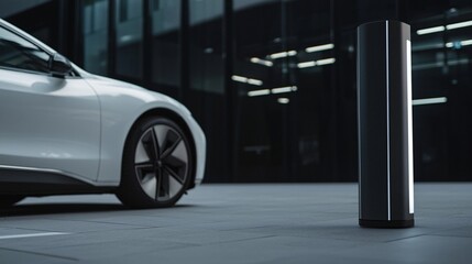 Fototapeta na wymiar An electric vehicle charging station outside a modern office building, sleek corporate setting, futuristic clean energy solutions, employees charging their electric cars, sustainability in business