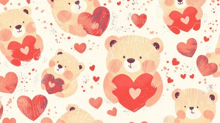 Cute bears holding hearts on a light background.
