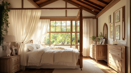 Parallax background luxury bedroom 2d interior. Light room with vintage furniture, bed with canopy, lamp, mirror, night stand and armchair at wide window separated layers, Cartoon vector illustration