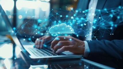 Business person using laptop computer with futuristic metaverse technology background. Generated AI