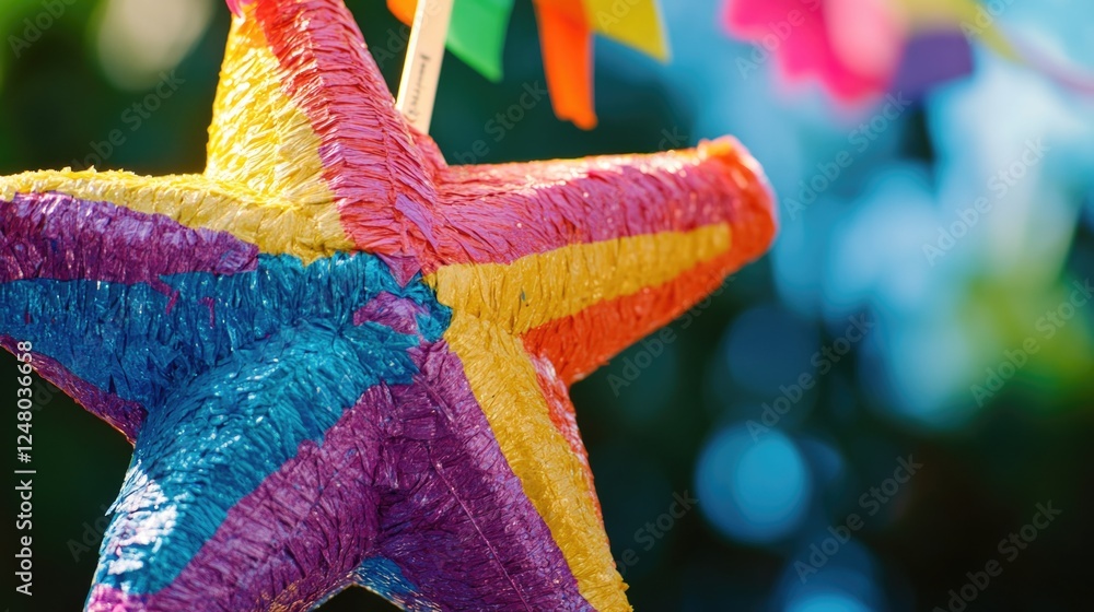 Poster a colorful papier mache pinata hanging from a string, ready to be broken open and filled with treats