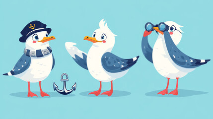Cute seagull characters in different poses - wearing red sailor bandana standing near ship anchor, captain hat looking upward, holding binocular searching ahead. Fun nautical bird with expressive face