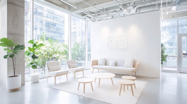 A coworking space designed with sustainability in mind, large windows with natural lighting, indoor plants creating a fresh workspace, collaborative work culture, modern eco-friendly interior,