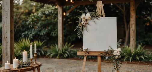 Chic White Welcome Sign on Wooden Easel in Earthy Boho Wedding Setting

