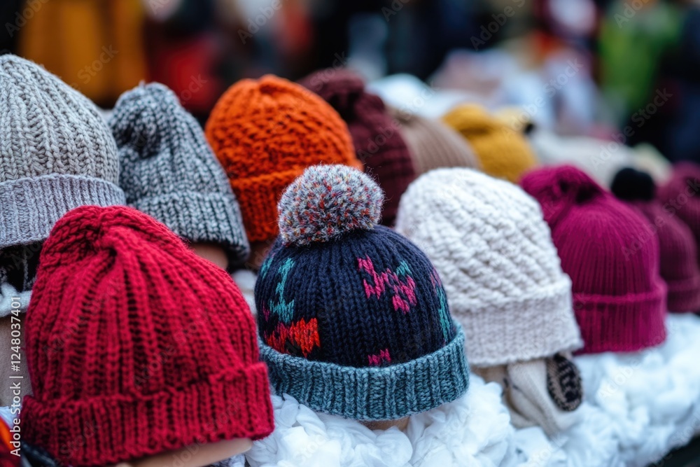 Aufkleber Row of handmade knitted hats arranged on a table, ready for use or display