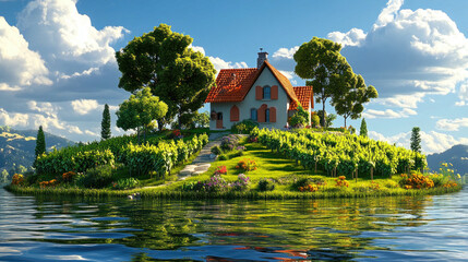 Obraz premium Beautiful House on a Floating Island Surrounded by Lush Greenery and Water