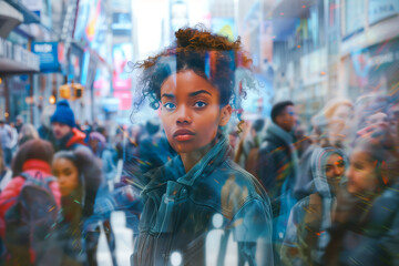 Obraz premium Large group of people standing in the street with focus on woman looking at camera