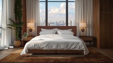 A large bed with a white sheet and a brown comforter