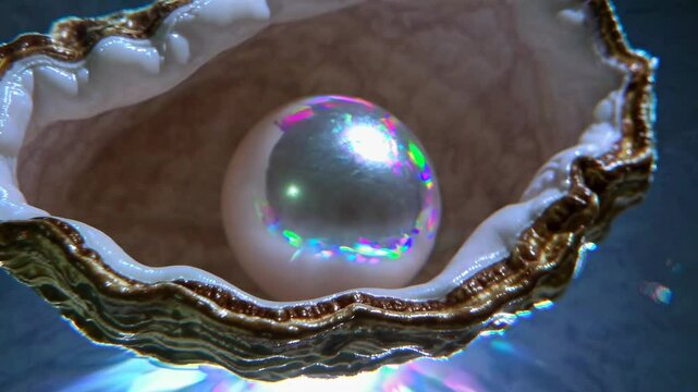 Close-up video of a pearl inside an open oyster shell, capturing iridescent reflections and textures from a low angle, creating a mystical feel.