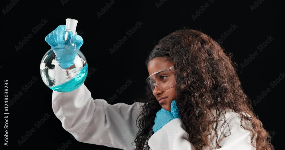 Poster science, experiment and child in studio with thinking, liquid or student education for development. 