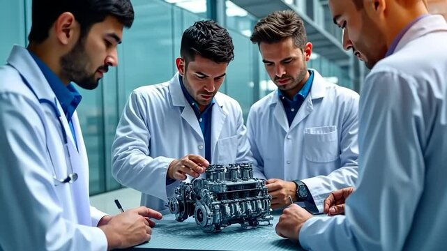 Engineering Collaboration: A team of skilled engineers, clad in lab coats, collaboratively examines a complex engine component.