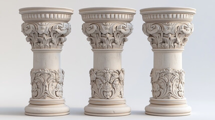 Ancient roman column made of white clay. Realistic 3d vector illustration set of greek stone pillar of temple building. Antique marble colonnade for historical construction decorative facade design.