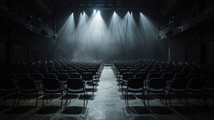 Naklejka premium A large empty theater with rows of chairs and a stage
