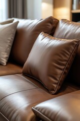 A brown leather couch with pillows on top, great for living room or office use