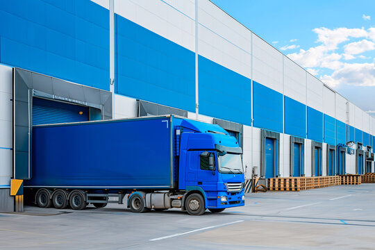 Loading dock of large warehouse with blue cabin truck under loading