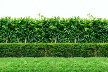 Long tree hedge and green grass lawn. The upper part isolated on white background.