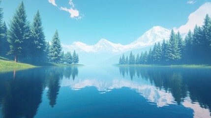Serene Mountain Lake Reflection:  A tranquil mountain lake mirrors the majestic snow-capped peaks and lush evergreen forests, creating a breathtaking panorama of serene natural beauty. 