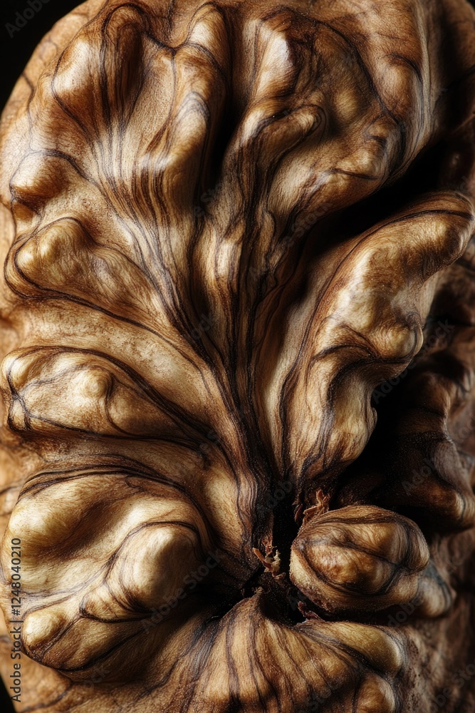 Poster a close-up view of a walnut shell on a table, suitable for use in still life or nature-themed images