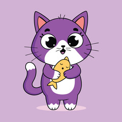 Cute cartoon cat and fish sitting together with happy expressions