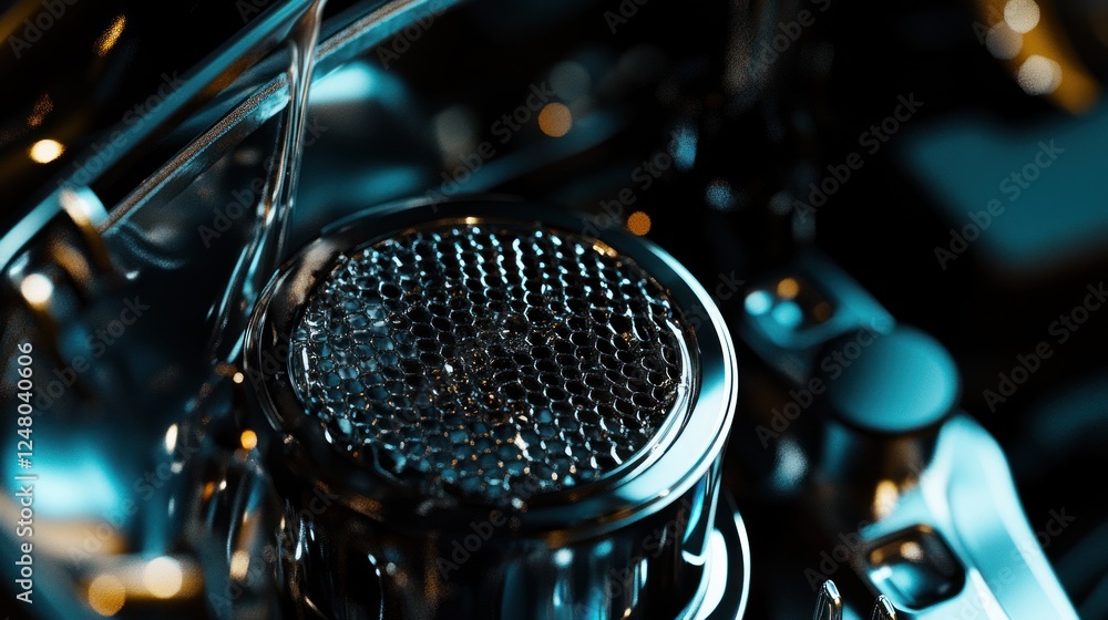 Poster Intricate metallic structure with repeating hexagonal pattern and soft lighting