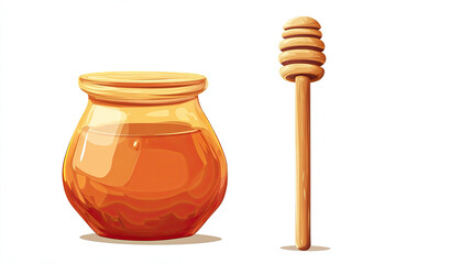 Honey Jar with Wooden Dipper on White Background