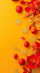 Obraz premium Vibrant Red Flowers and Gold Coins on Bright Yellow Background Celebrating Lunar New Year Festivities