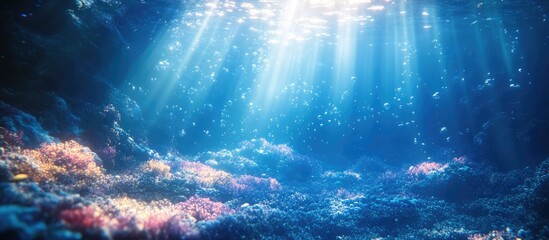 Subaquatic scene featuring vibrant underwater light beams illuminating colorful coral reefs, creating a serene and mystical ambiance, showcasing a deep blue ocean background with dispersed light
