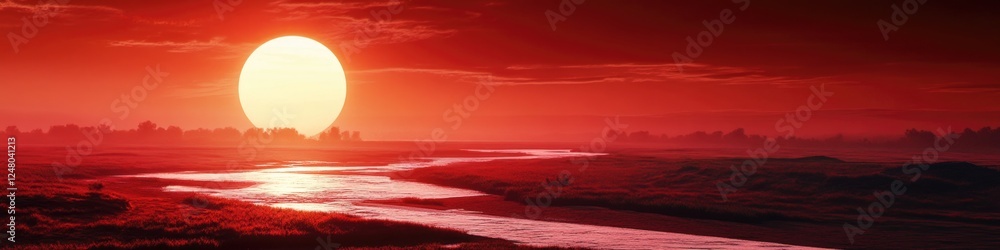 Poster a serene scene with the sun setting behind a stream of water, perfect for use in nature or travel-re