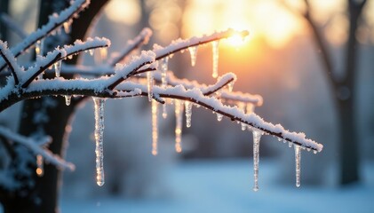 Frosty tree branches with icicles in morning light, dawn, seasonal change, frost