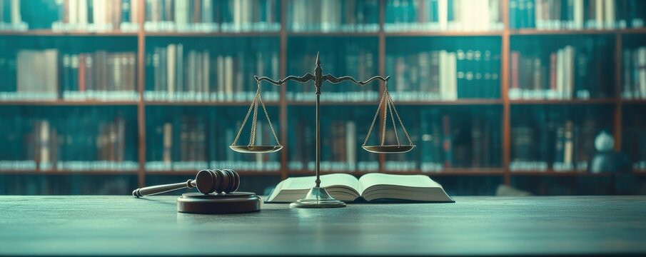 Scales of justice on a desk with law books in the background.