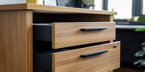 A detailed view of a wooden dresser's drawers and handles