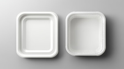 White plastic container and styrofoam tray with transparent wrap foil cover. Realistic 3d vector top view box mockup for product storage and take away concept. package for lunch and meal keeping.
