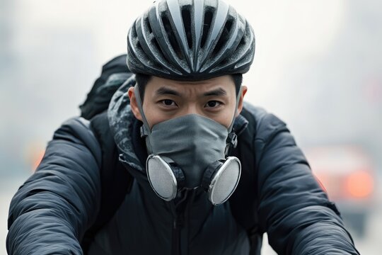 A person on a bicycle wearing a face mask, suitable for various uses such as commuting, fitness, or surveillance