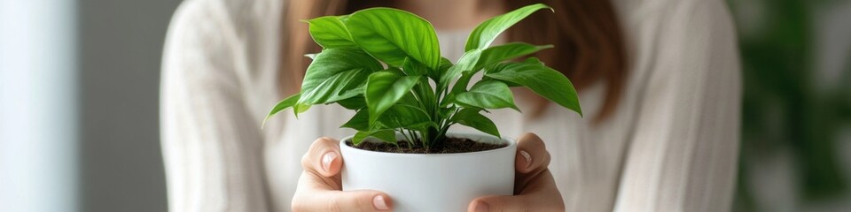 A woman is holding a small potted plant in her hands, possibly for gardening or decoration