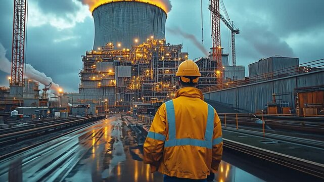 Industry Overseer: An engineer surveys a complex industrial landscape, featuring a nuclear power plant with smoke stacks, towering construction cranes, and infrastructure elements.