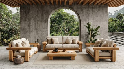 Obraz premium Modern Tropical Teak Wood Outdoor Furniture on Concrete Patio with Lush Greenery View