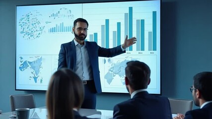 The Dynamic Leader: A confident businessman leads a presentation, gesturing towards a screen displaying impactful business graphics, surrounded by attentive colleagues.