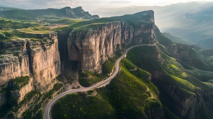 Scenic mountain landscape, dramatic cliffs with winding road, lush greenery and misty skies,...