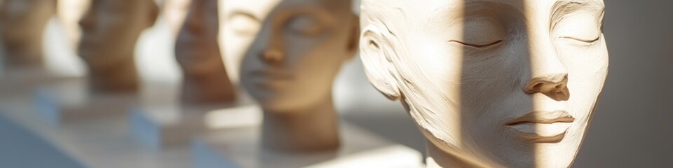 A collection of ceramic heads on display in a museum setting