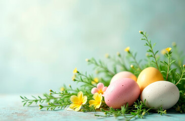multicolored chicken's easter eggs on the grass on a blue background with copy space and place for text. Easter banner or card