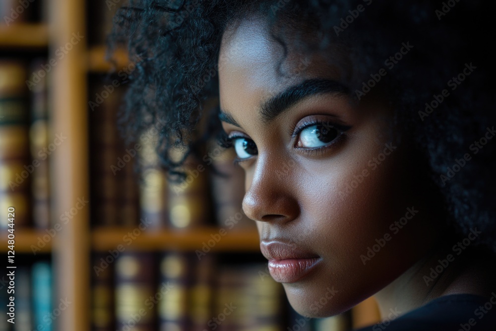 Poster a person reading or studying near a bookshelf