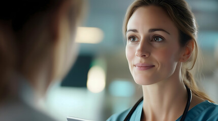 Fototapeta premium A healthcare professional smiles while engaging in conversation, showcasing compassion and attentiveness in a clinical environment.